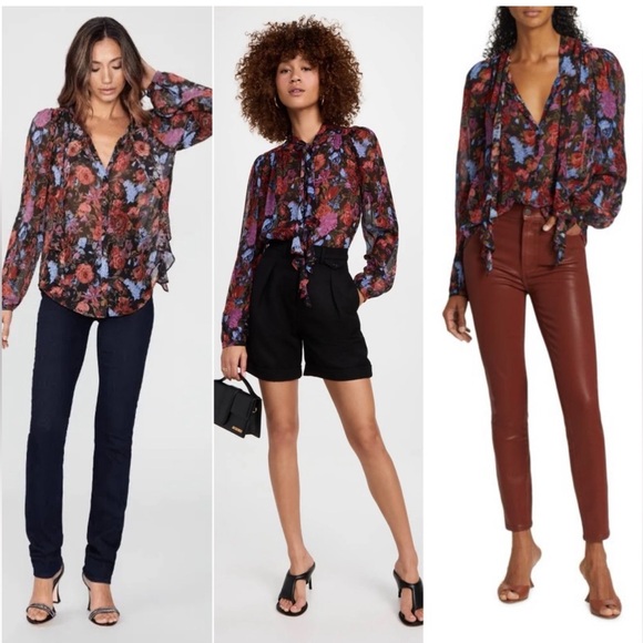 Paige Elynne Silk Floral Tie Neck Blouse Button Front Long Sleeve Size XL - Picture 3 of 12